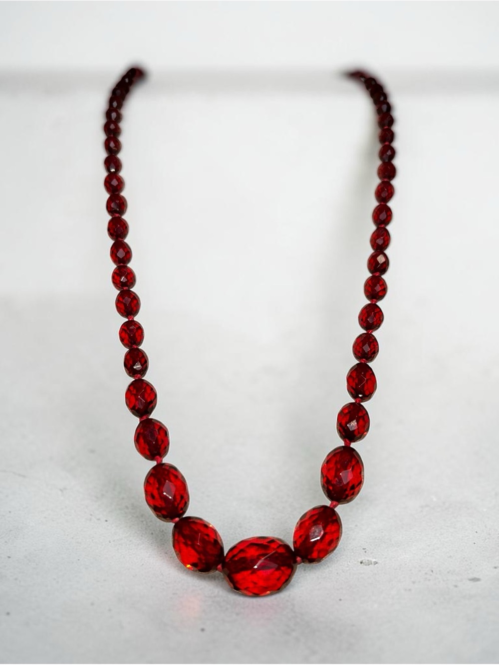 Art Deco Cherry Amber Bakelite Necklace 25" Faceted Graduated Beads Hand-Knotted